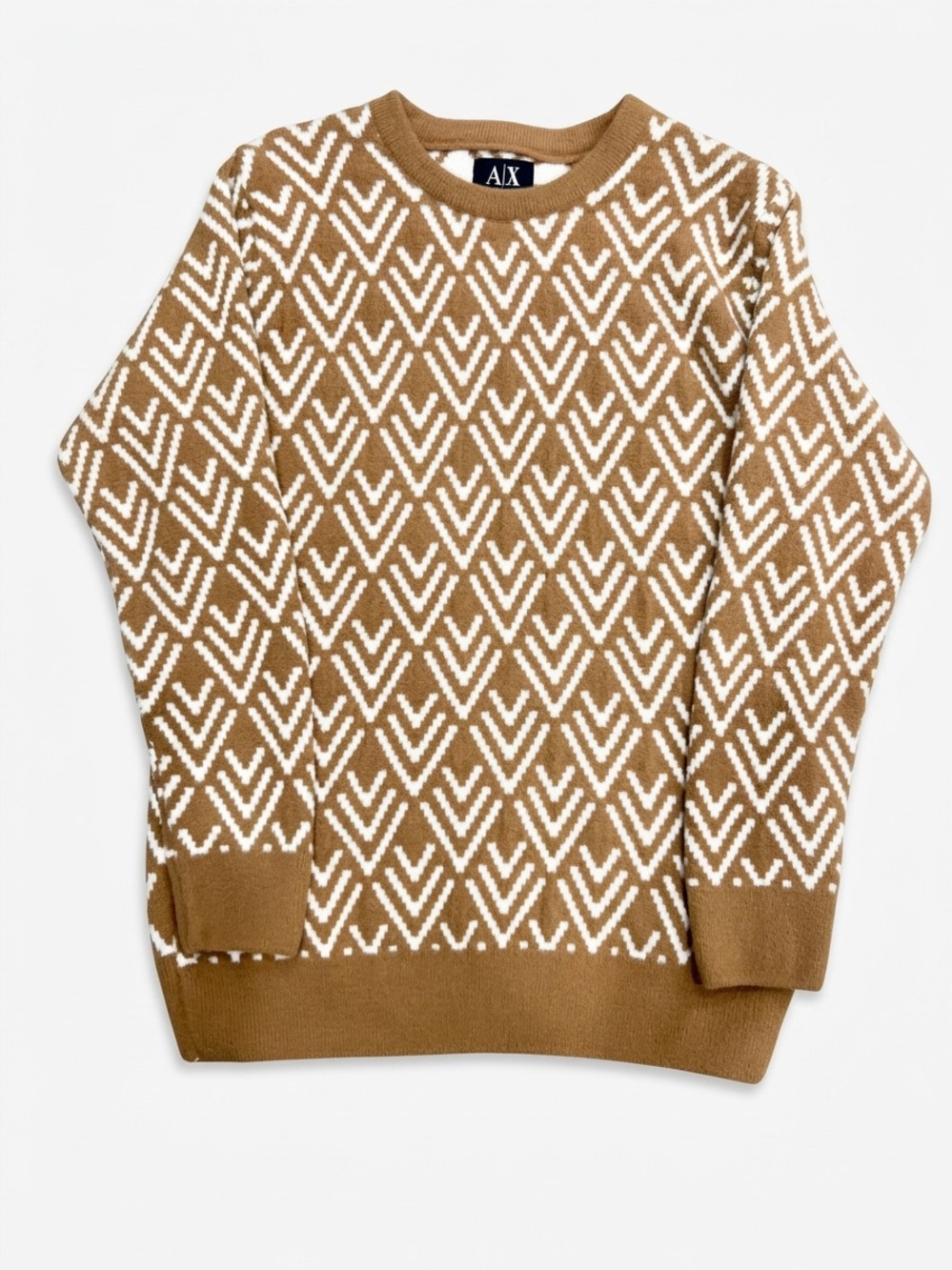 Armani Exchange Men's Tan and White Geometric Crewneck Sweater